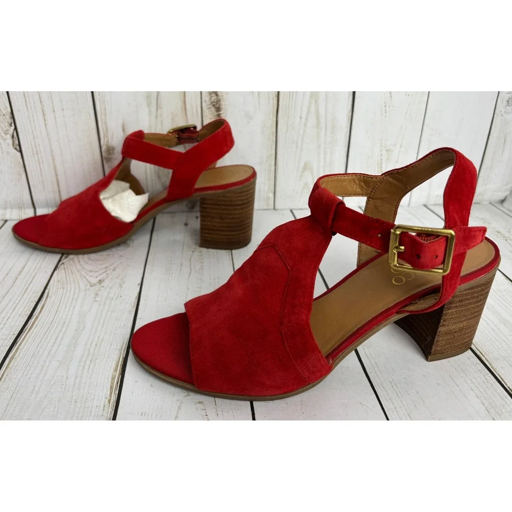 Franco Sarto Heron Red Suede T-Strap Block Heel Sandals L-HERON Womens 7.5M